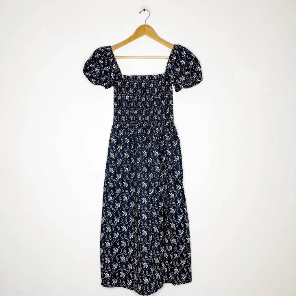 J.Crew Smocked Puff-Sleeve Midi Dress Navy Floral XXS - Image 5