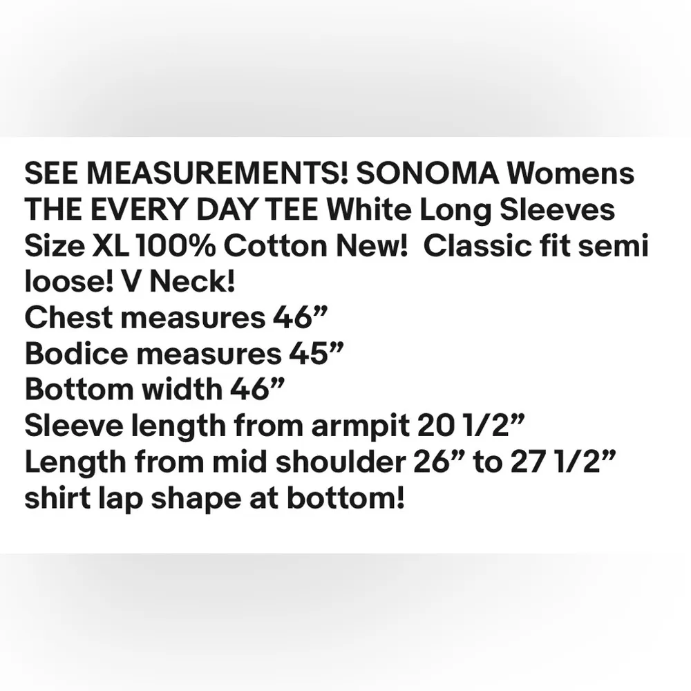 SONOMA THE EVERY DAY TEE Womens White Long Sleeves Size XL 100% Cotton New - Image 5
