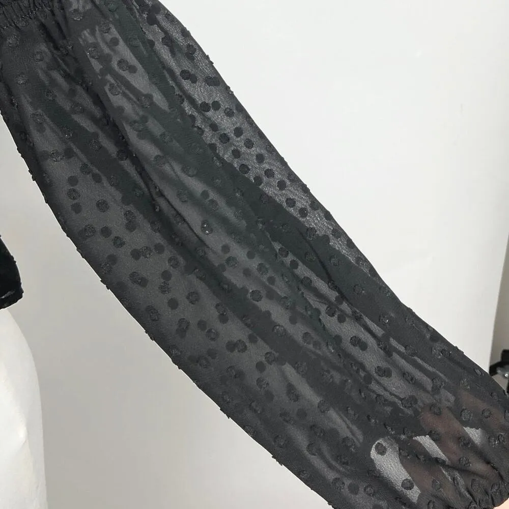 Express Black Sweetheart Swiss Dot Long Sleeve Smocked Peplum Blouse Top Size S - Image 4