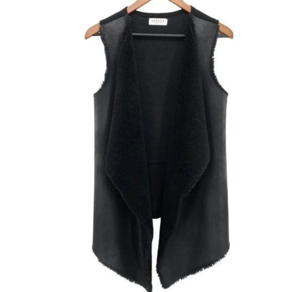 Velvet by Graham & Spencer Black Suede Sherpa Open Front Vest Penny Lane - Image 2