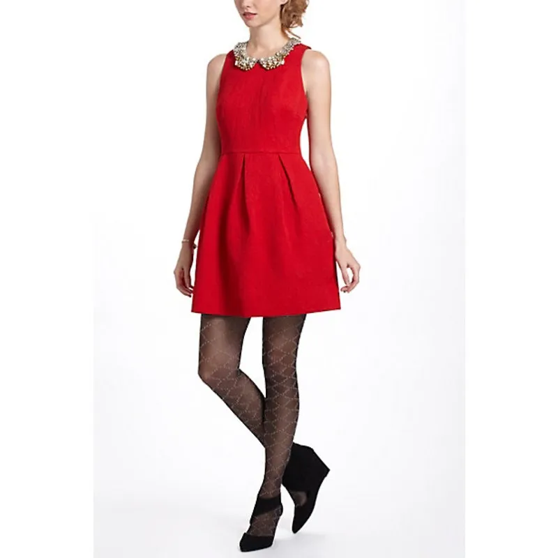 NWT Anthropologie Moulinette Soeurs Red Brocade Dress Size 8 Jacquard Fit Flare - Image 3