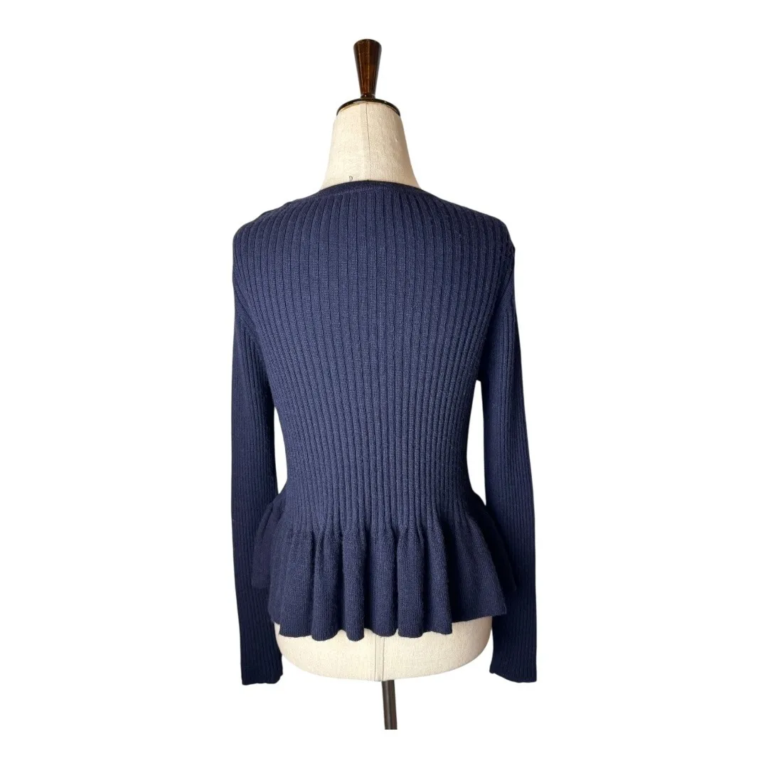 Rebecca Taylor Sweater Women Large Blue Ribbed Knit Wool Alpaca Blend Peplum Hem - Image 2