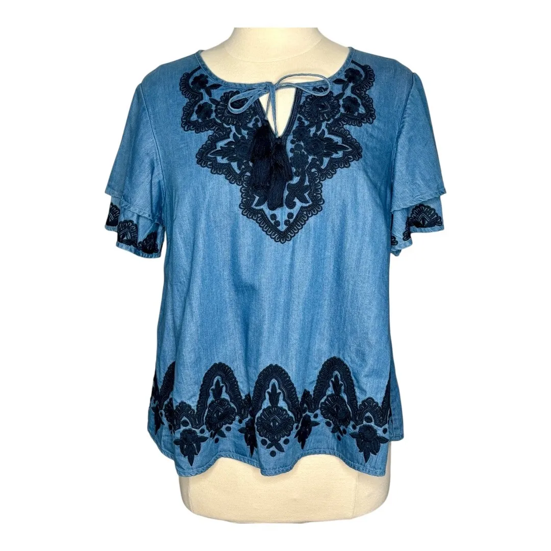 Crown & Ivy Embroidered Floral Tassel Top Tiered Sleeve Blue‎ Women Size Medium - Image 2