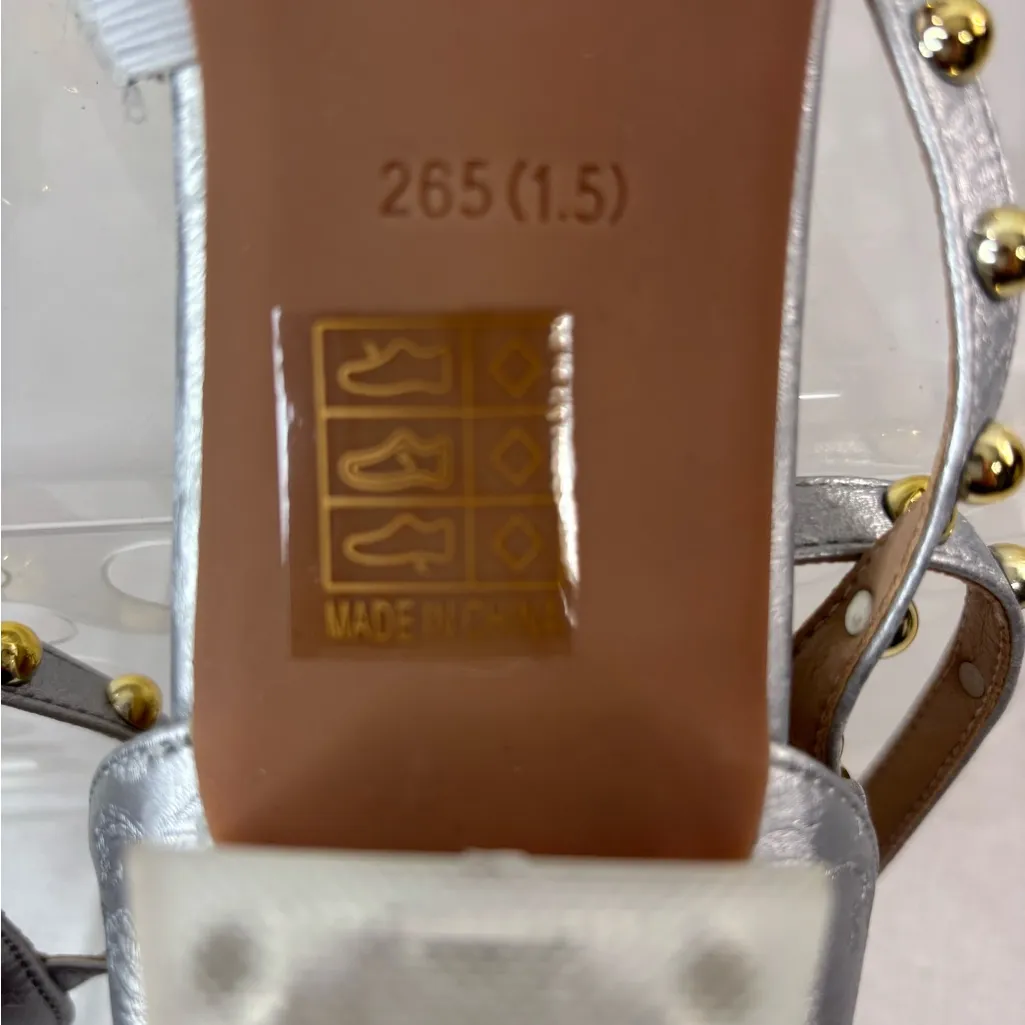 Beautiful 10 Silver Engraved Gold Studded Strap Clear Heel Event Shoes NWOT - Image 6