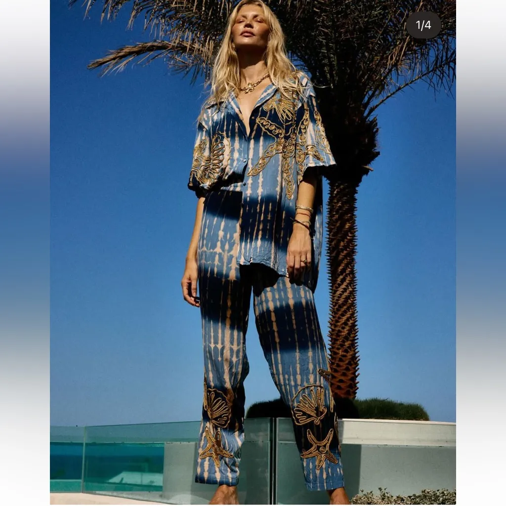 Chasing unicorns under the sea appliqué embroidered pants Blue Size XS - Image 4