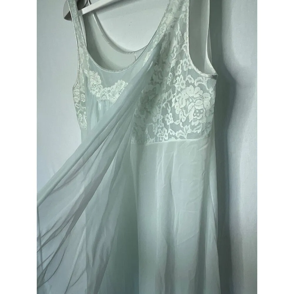 Pale Aqua Blue Long Sheer Nylon Lace Nightgown Full Apron Sleeveless Size Large - Image 4