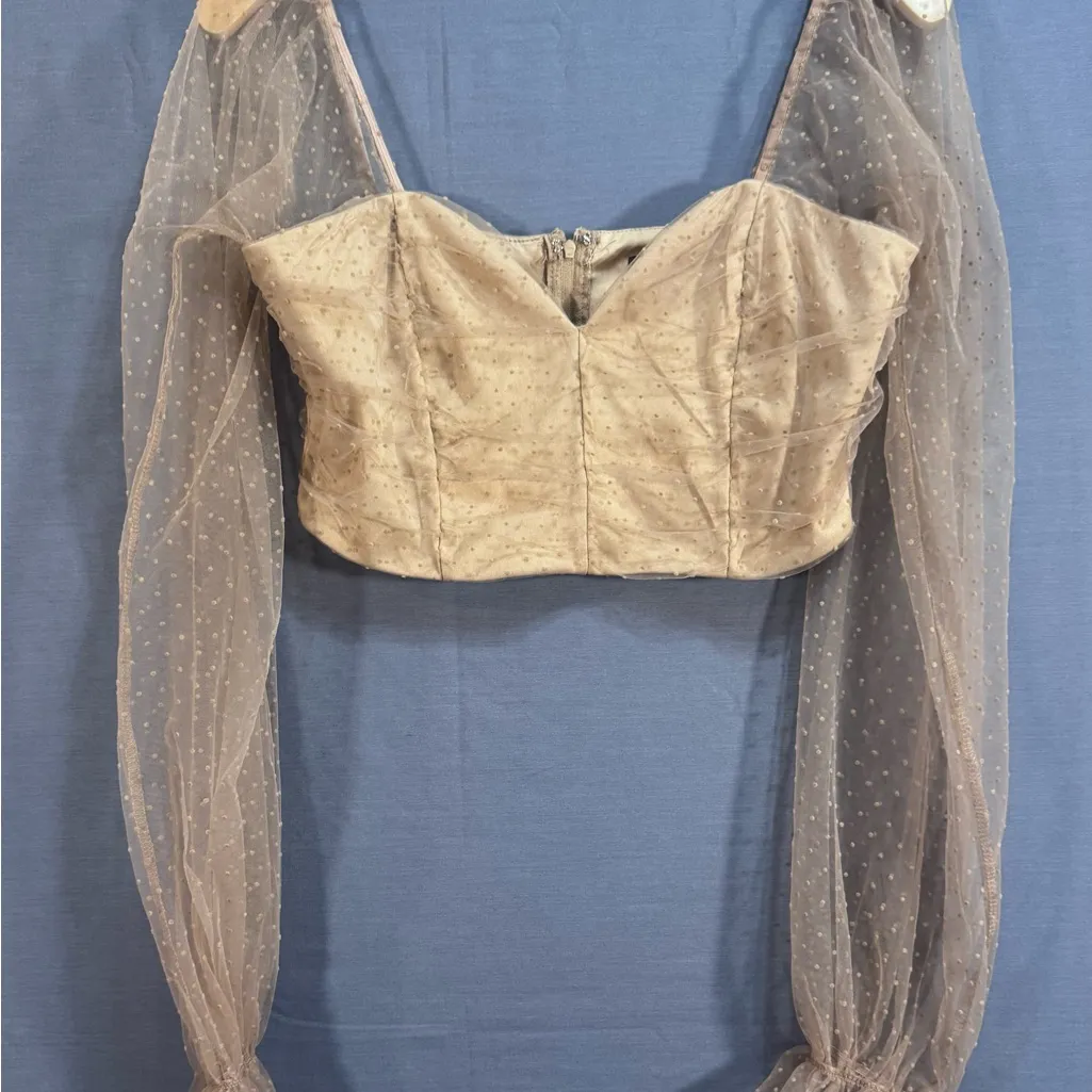 Chic Tan Pencil Skirt Set with Sheer Sleeves - Image 2