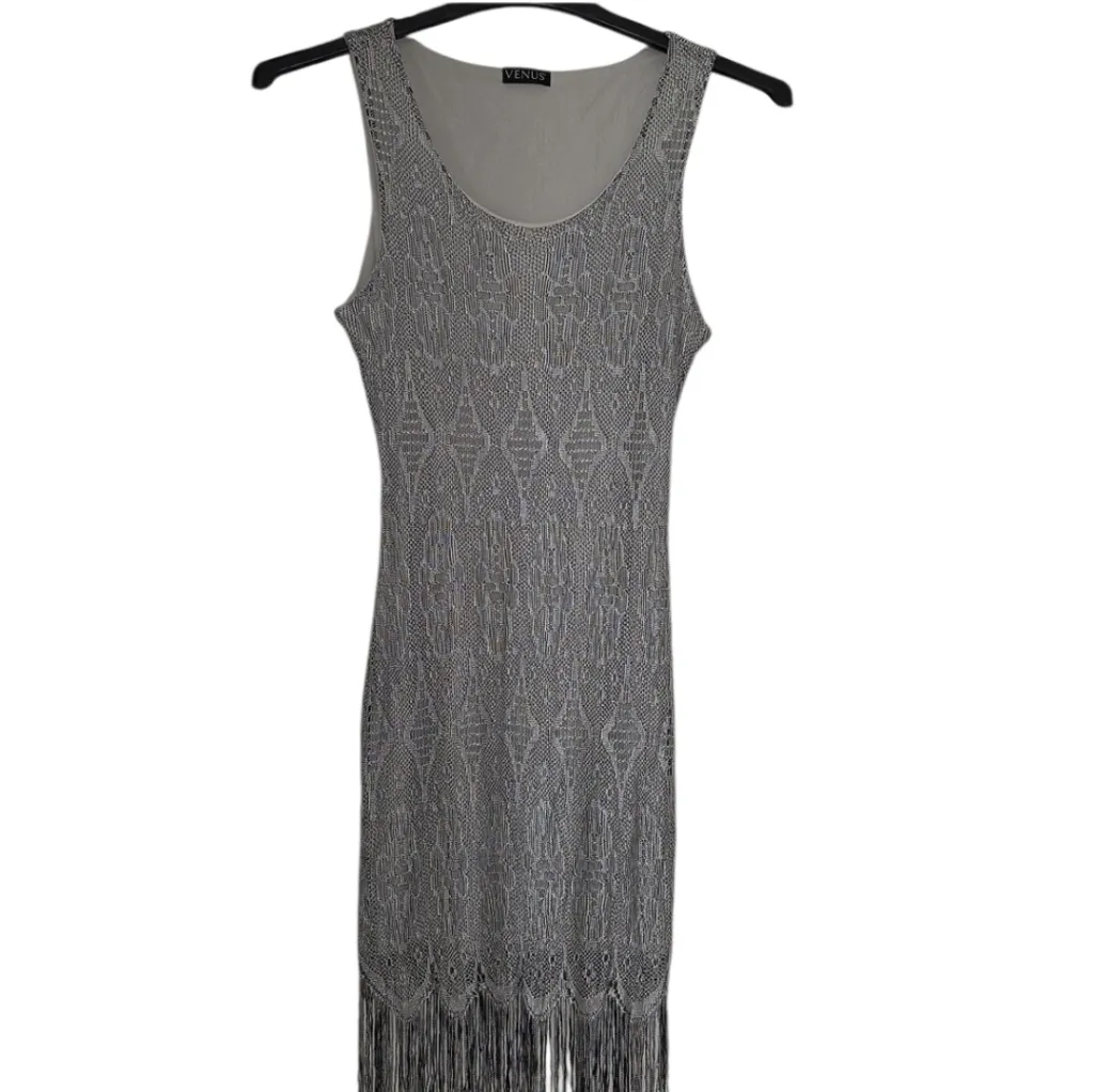 Venus Glam Dress Vintage Inspired Art Deco Fringe Lace Gray Size Medium - Image 2