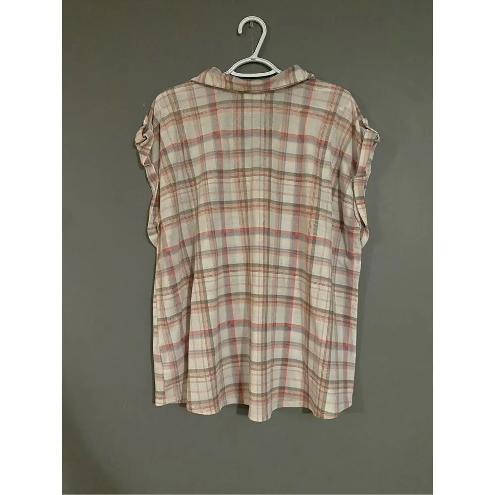 Love + Joy Plaid Button Up Short Sleeve Top Size 3X - Image 6