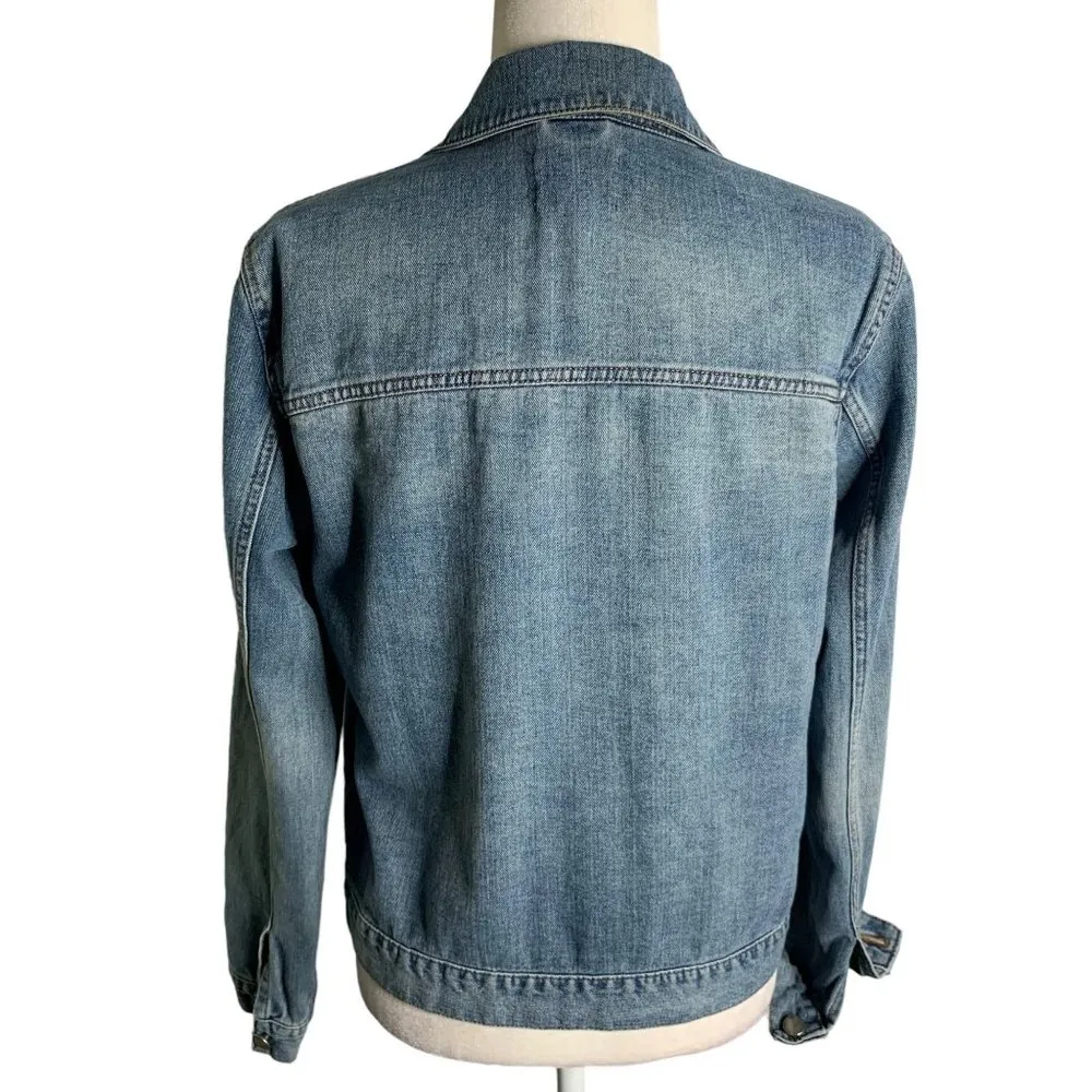 ROXY Distressed Soft Denim Jean Jacket L Med Wash Button Front Pockets Collar - Image 4