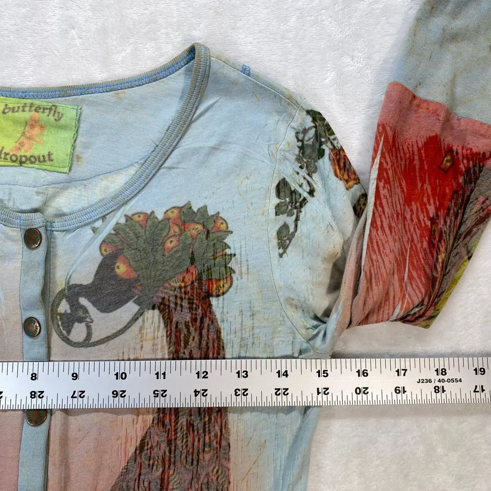 Butterfly Dropout Art to‎ Wear Button Up Top Peacock Print 3/4 Sleeve M Blue Size M - Image 2