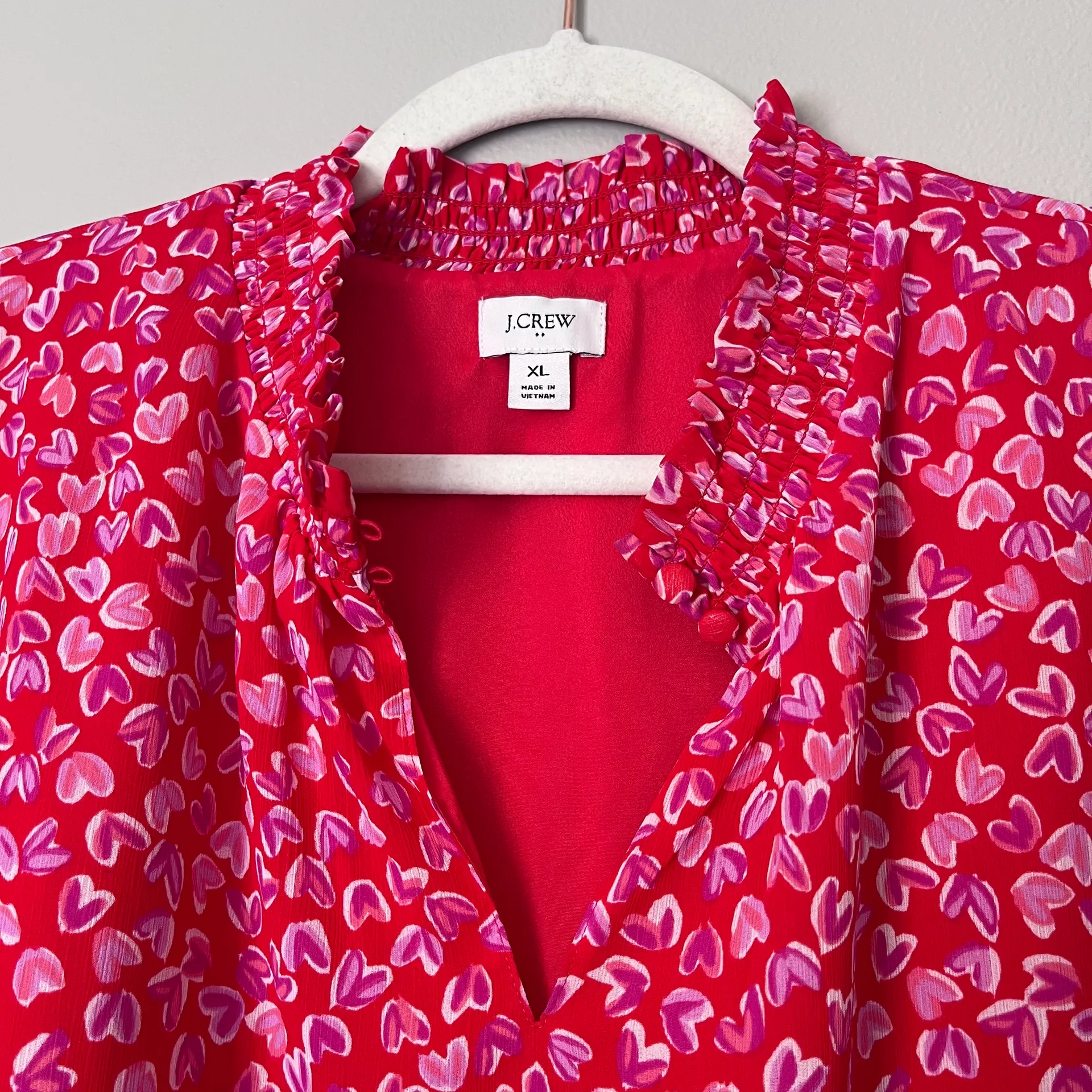 Factory Heart Print Smocked Long Sleeve Blouse Top Red Pink - Image 4