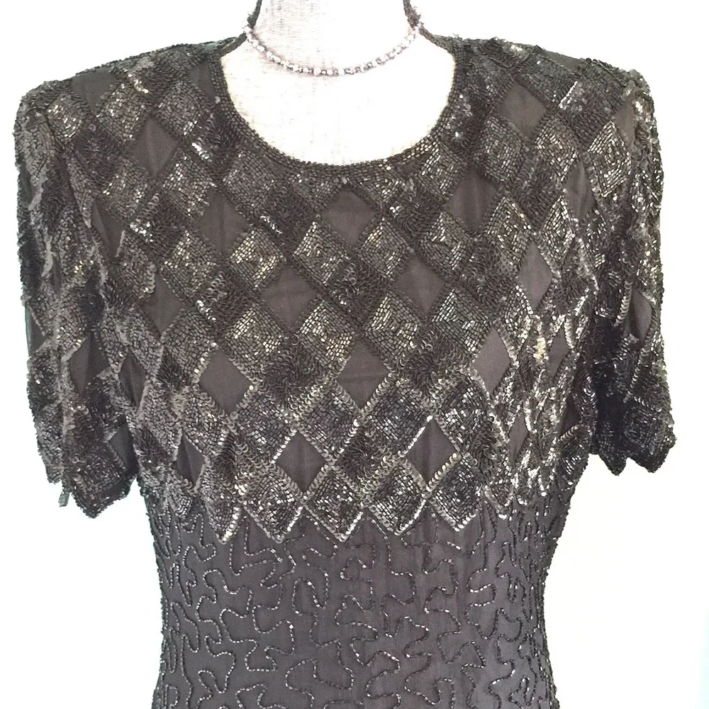 Vintage Black Beaded Dress Silk Sequins Size Large Formal Wedding Party - Image 2