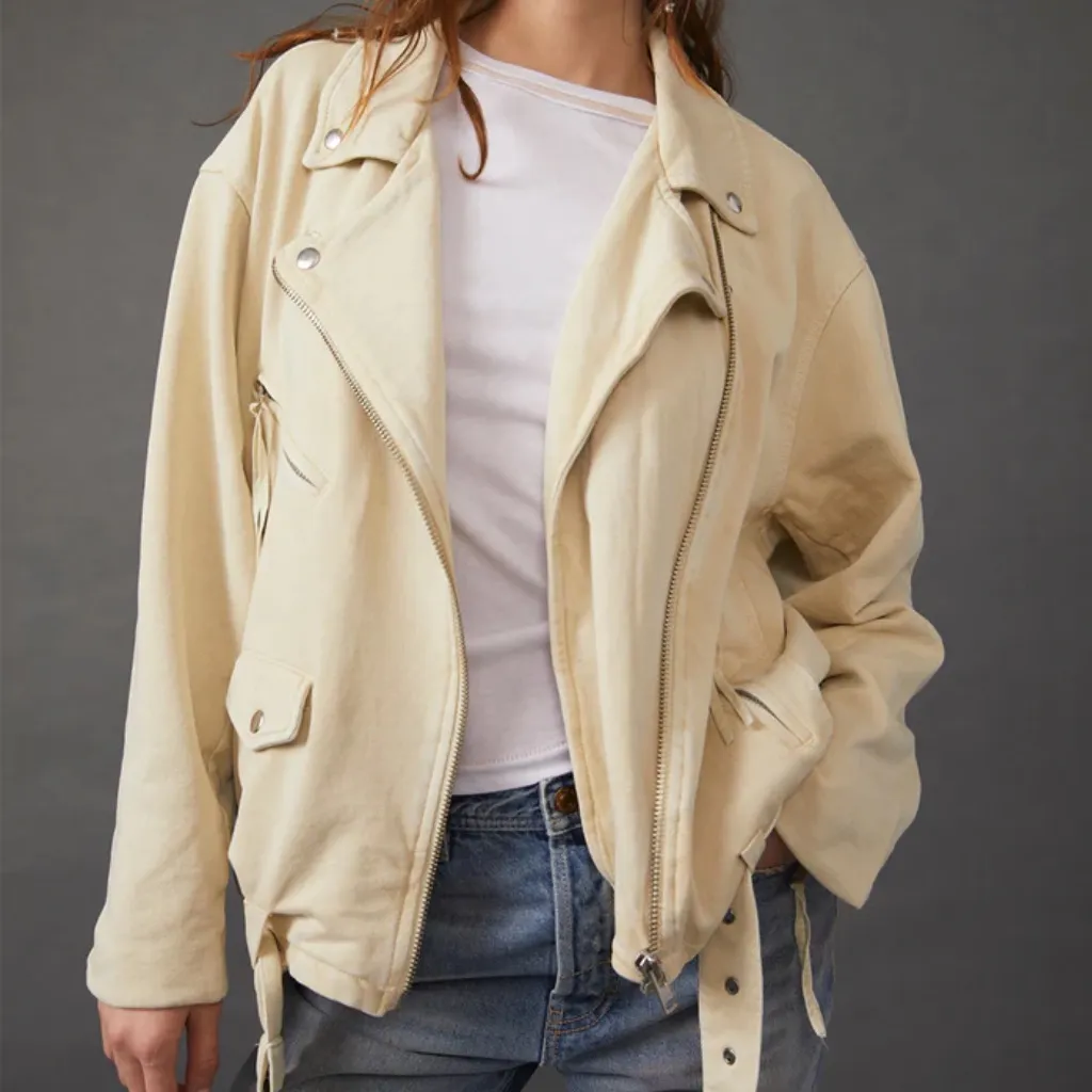 EUC Free People Rebel Moto Jacket Vanilla Cream Size Large Retail $198.00 - Image 2