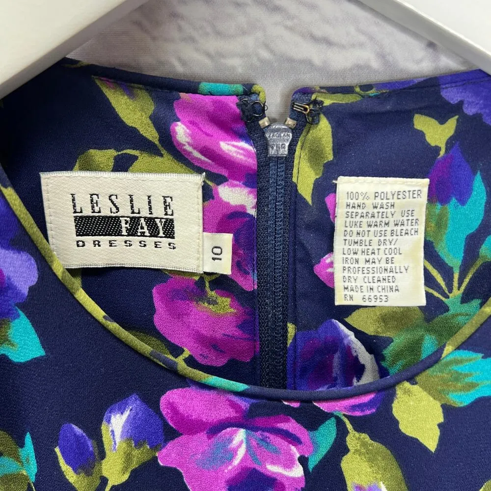 Vintage Leslie Fay Purple Floral Dress Size 10 Short Sleeve Tiered Ruffle 80/90s - Image 5