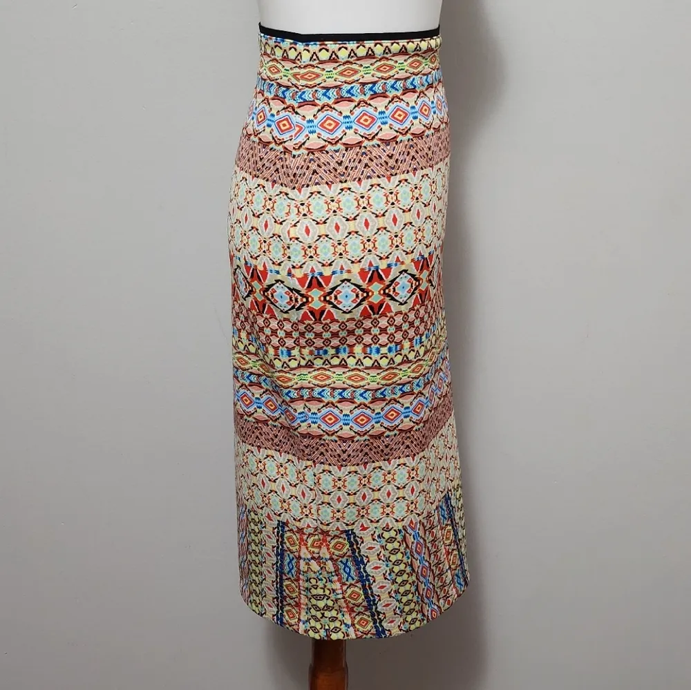 Bisou Bisou Orange Multicolored Aztec Side Slit Scuba Pencil Skirt Size XL - Image 4