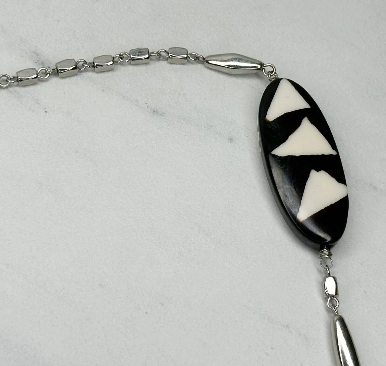 Chicos Black White Geometric Beaded Long Silver Chain Necklace 46" ✨ - Image 3