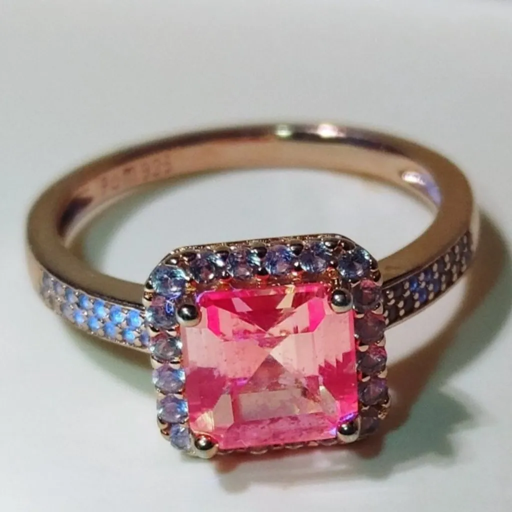 Halo Pink Glow Stone Silver Ring Size 7 Cushion Cut Rose Gold HGE 925 Sterling - Image 2