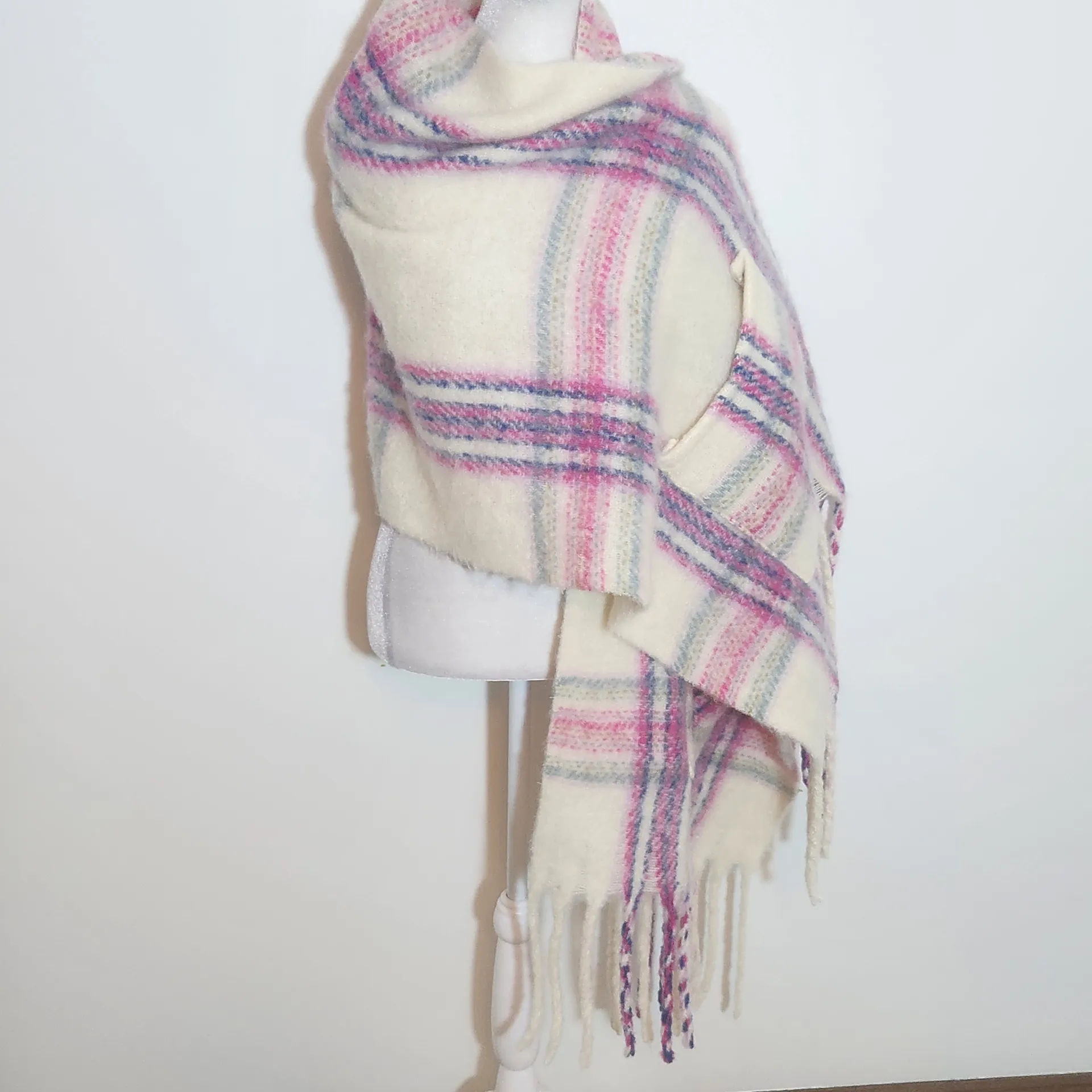 Fuzzy Plaid Shawl Wrap with Fringe Hem and Pockets One Size Pink - Image 2