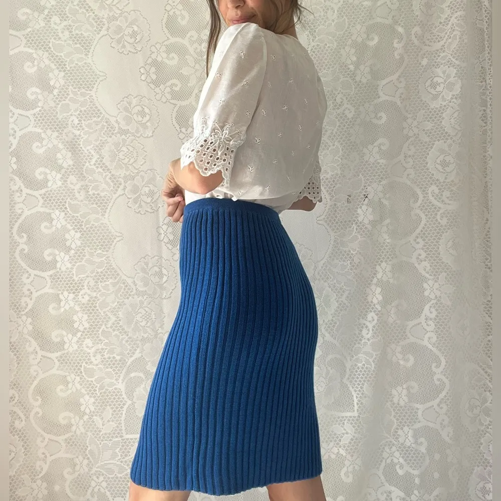 Vintage 80s Royal Blue Ribeed Knit Midi Skirt Size M - Image 4
