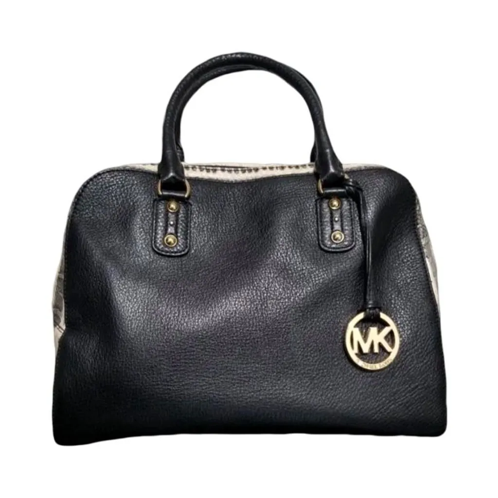 MICHAEL Michael Kors Black Pebbled Leather & Faux Python Bowler Satchel - Image 4