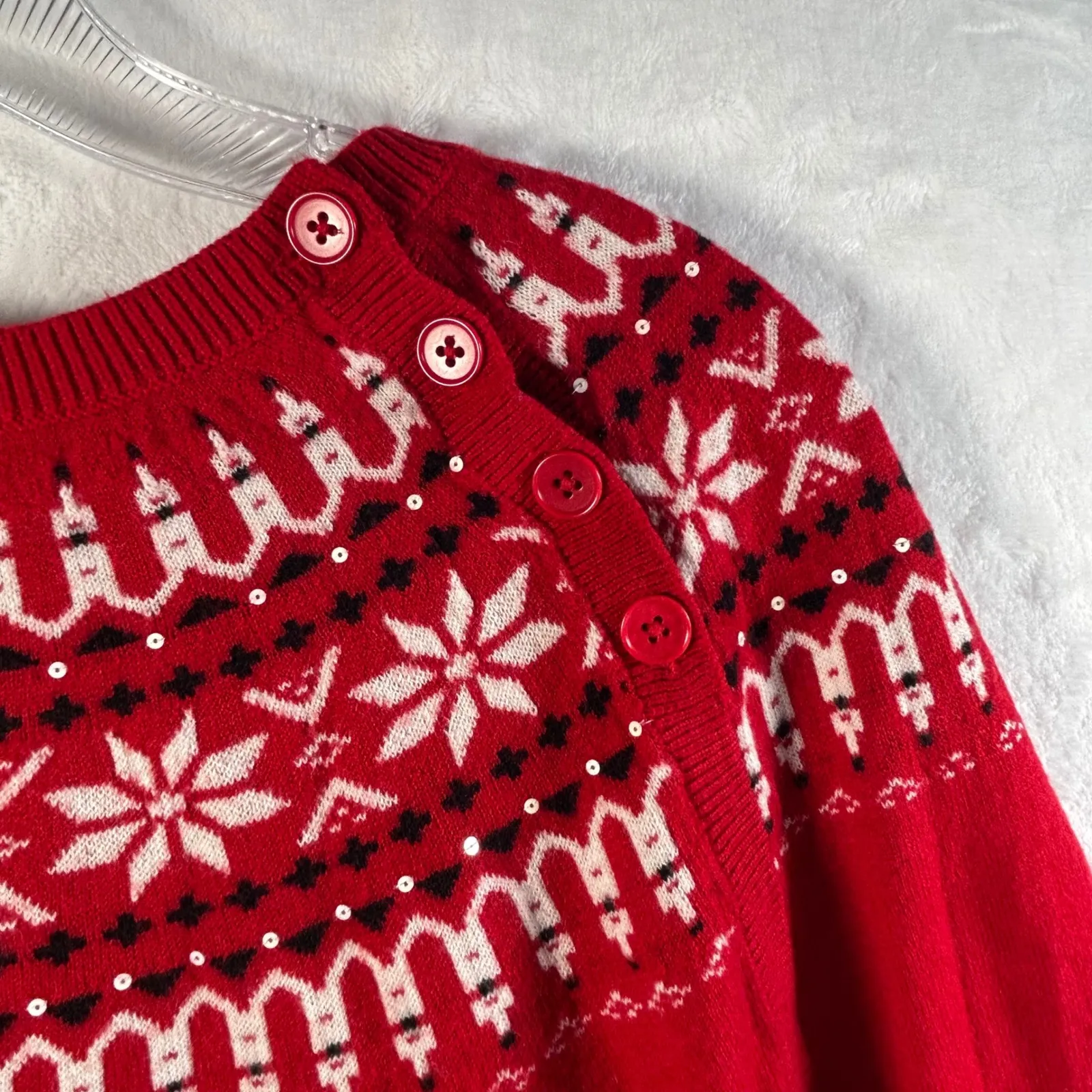 Talbots Petites Red Fair Isle Snowflake Button Shoulder Knit Sweater LP - Image 4