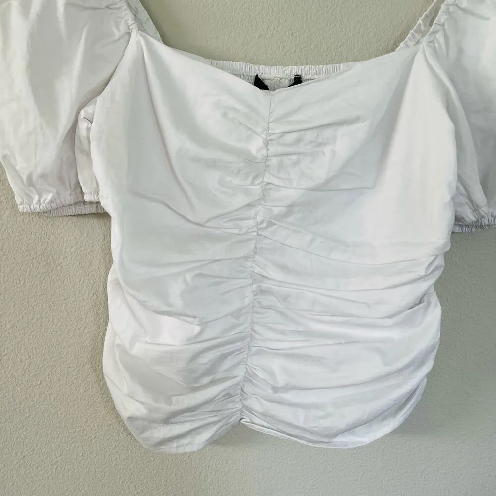 OPT NWT O.P.T. White Shirred Ruched Puff Sleeve Blouse (L) - Image 3