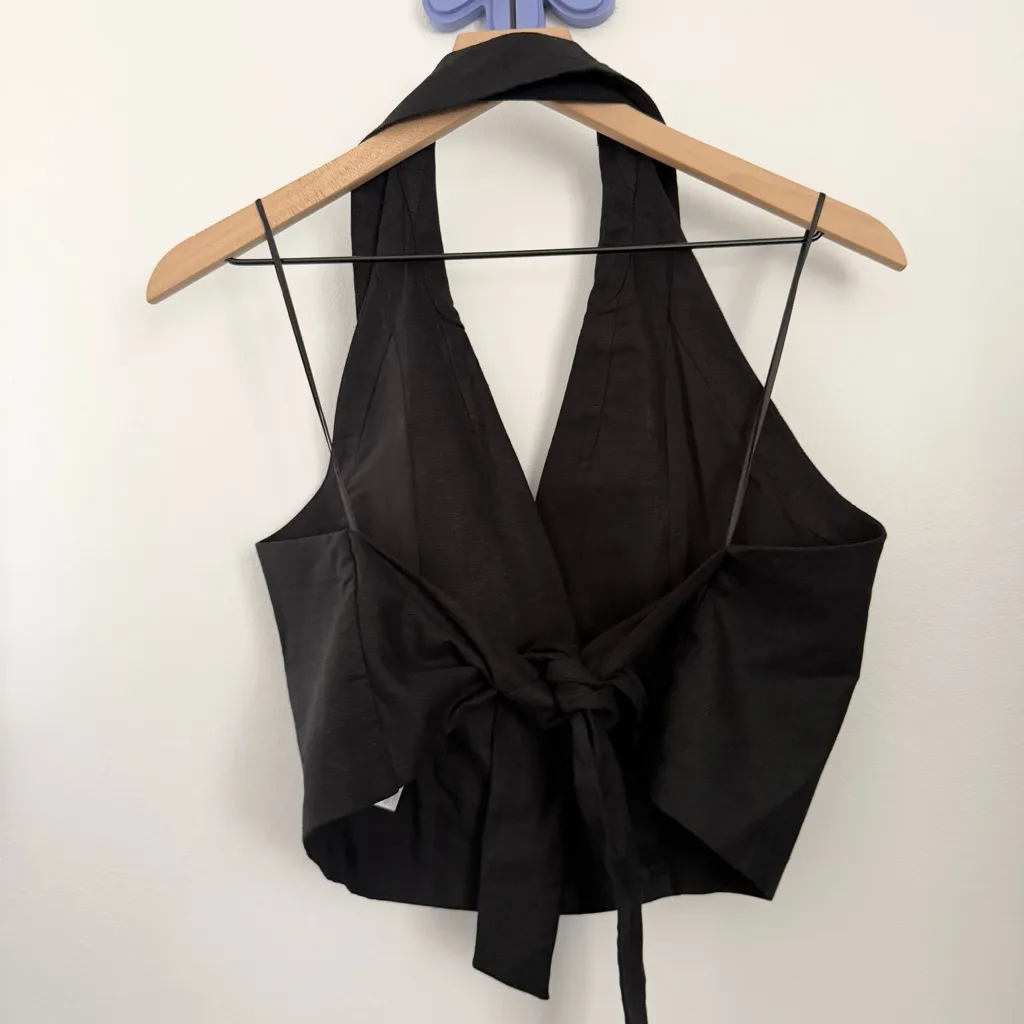 Banana Republic Medium Crop Linen Halter Suit Shirt Black Minimal Tie Office - Image 3