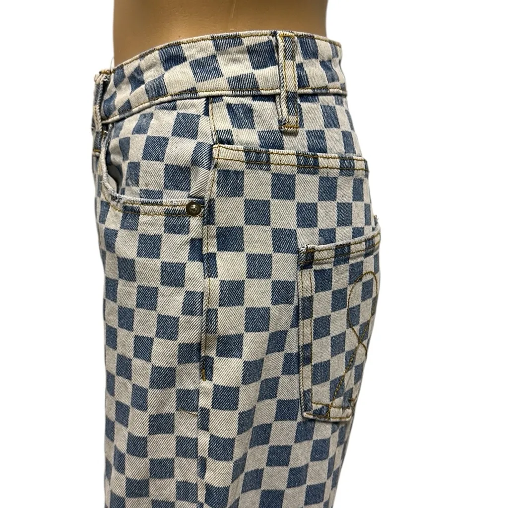 Tiger Mist Wide Leg High Waist Blue White Checkered 4 Pocket Denim Jeans Small - Image 5