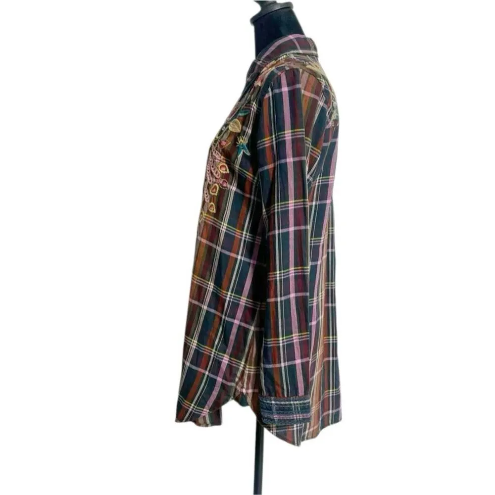 Johnny Was Size XS  Shuri Plaid Embroidered Shirt Long Sleeve Tunic - Image 5