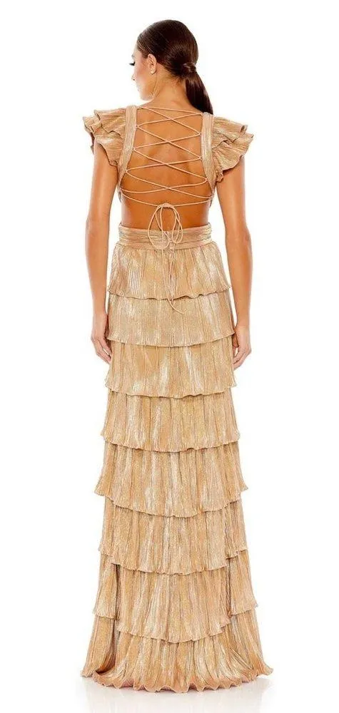 Mac Duggal Gown Ruffle Tiered Criss-Cross Lace-Up Slit Metallic Maxi Gold 8 GUC - Image 2