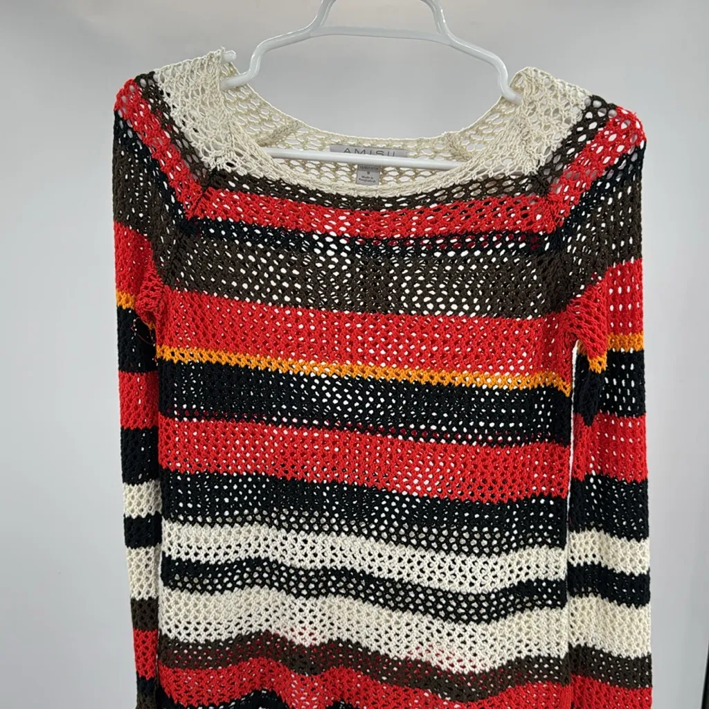 Amisu Colorful Striped open Knit crochet Sweater tassels fall coverup S neutral - Image 6
