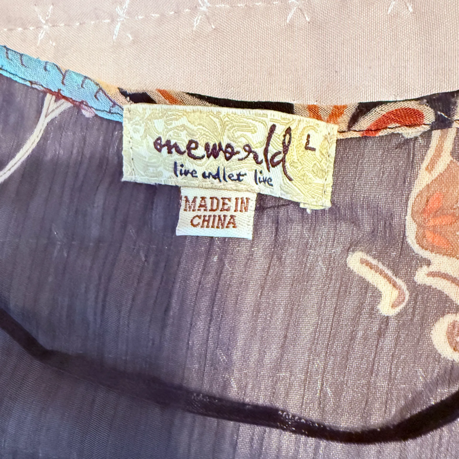 One‎ World boho peasant top, black tassel tie. Size L - Image 7