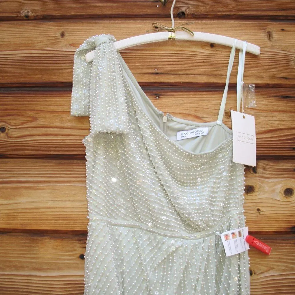 Mac Duggal 93735 PEARL EMBELLISHED SOFT TIE ONE SHOULDER GOWN Green 10 - Image 8