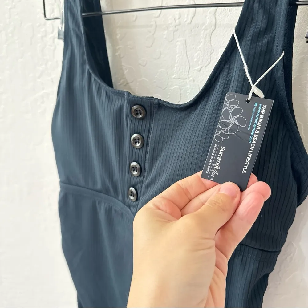 Summer Mae Navy Blue Ribbed Button Front One Piece Swimsuit Small - Image 5