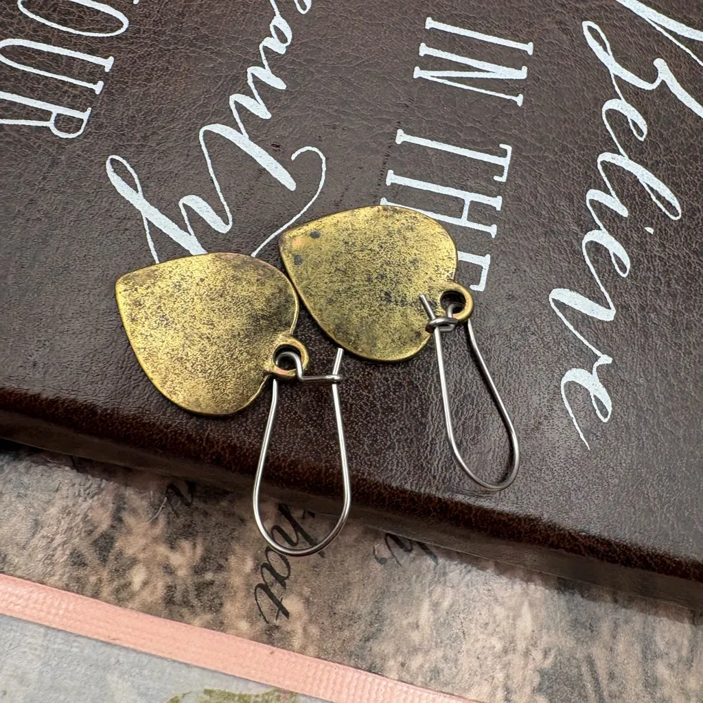 Vintage Brass Floral Heart Dangle Earrings Stainless Hooks Romantic Boho Gold - Image 4