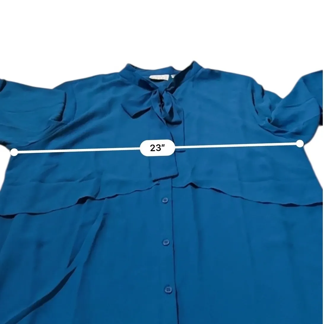 Joan Rivers Bow Neck Blouse Women's XL Blue Button Front Long Sleeve Work - Image 6