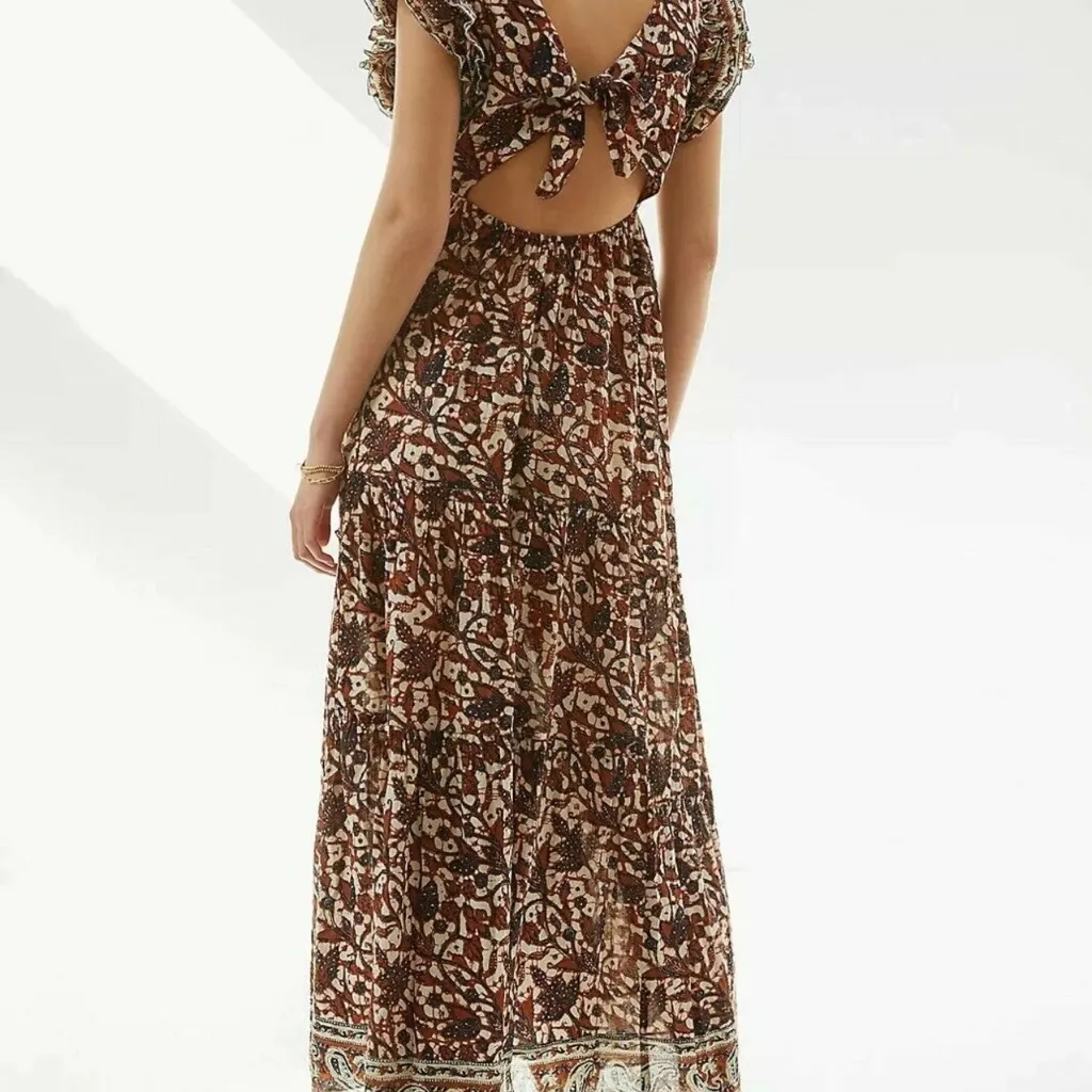 ANTHROPOLOGIE by LOVE THE LABEL Mirabelle Ruffle Cut Out Maxi Dress Sz M Brown Size M - Image 3