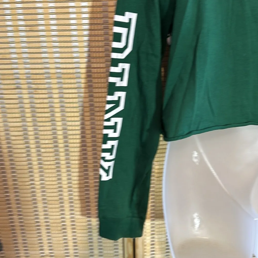 PINK Victoria's Secret Cropped Green White Long Sleeved Tee Shirt Medium - Image 12