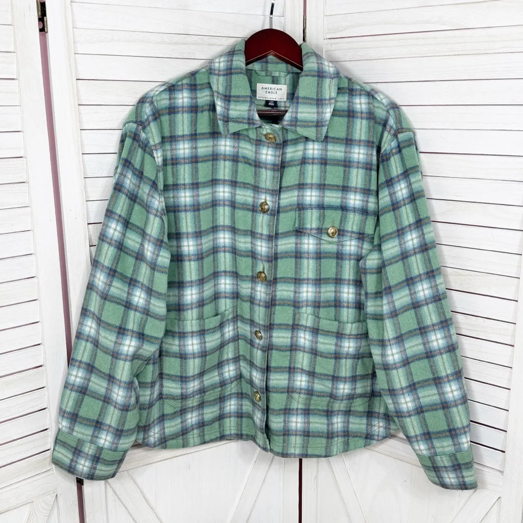 American Eagle Oversized Plaid Fleece Flannel Button Up Shacket Green Large - Image 7