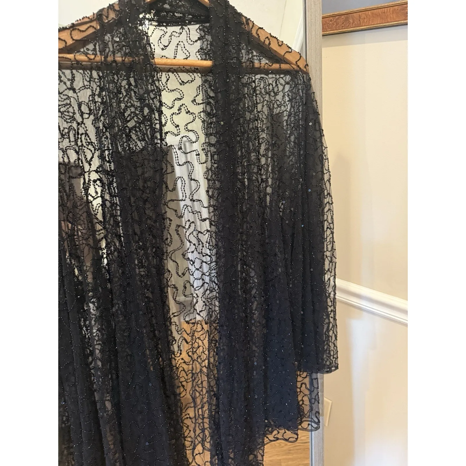 Black Beaded Mesh Cardigan Kimono Duster‎ Sheer Sparkle Size undefined - Image 3