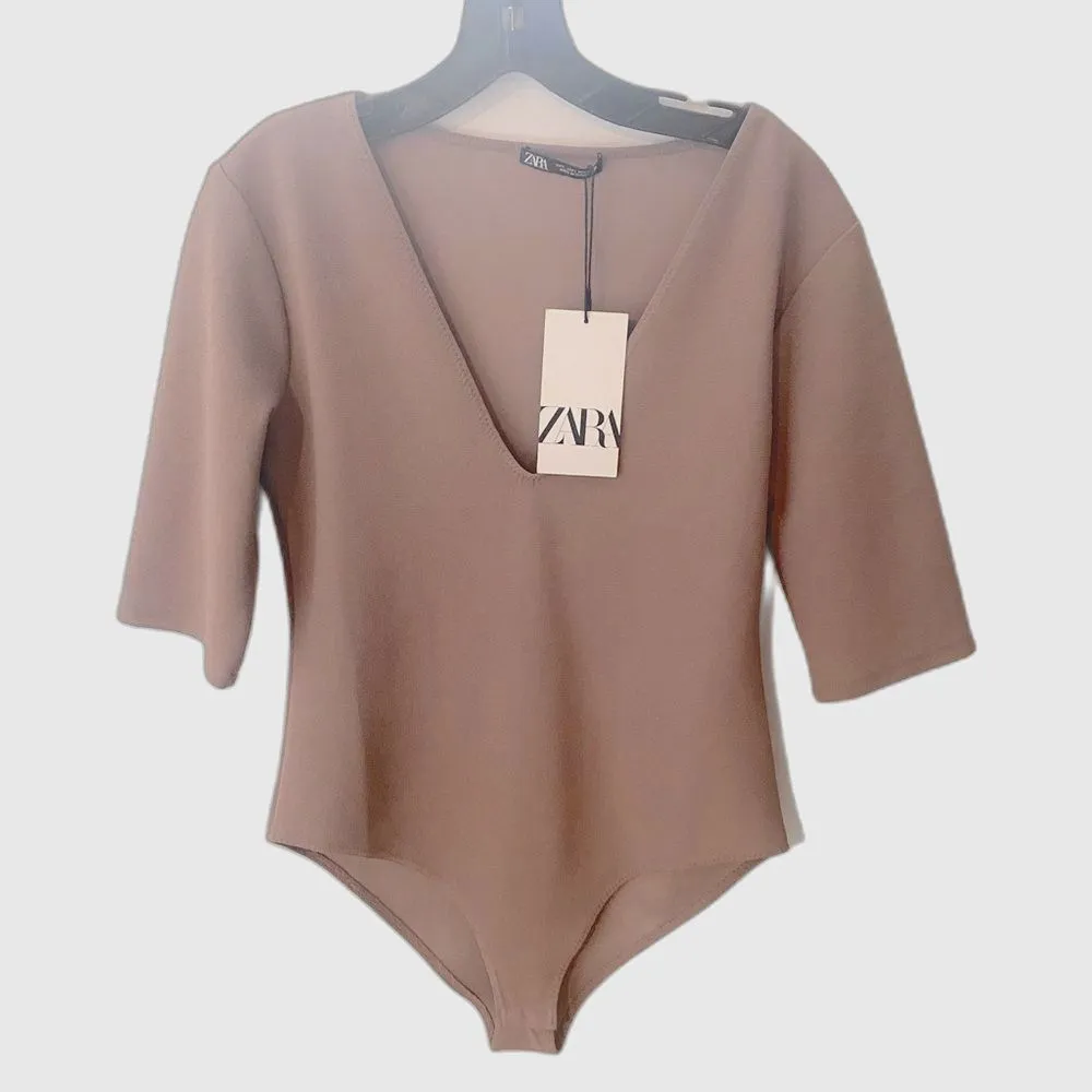 ZARA NWT Limitless Contour Bodysuit Large L Half Sleeve V-Neck Mauve Nude Modern - Image 2