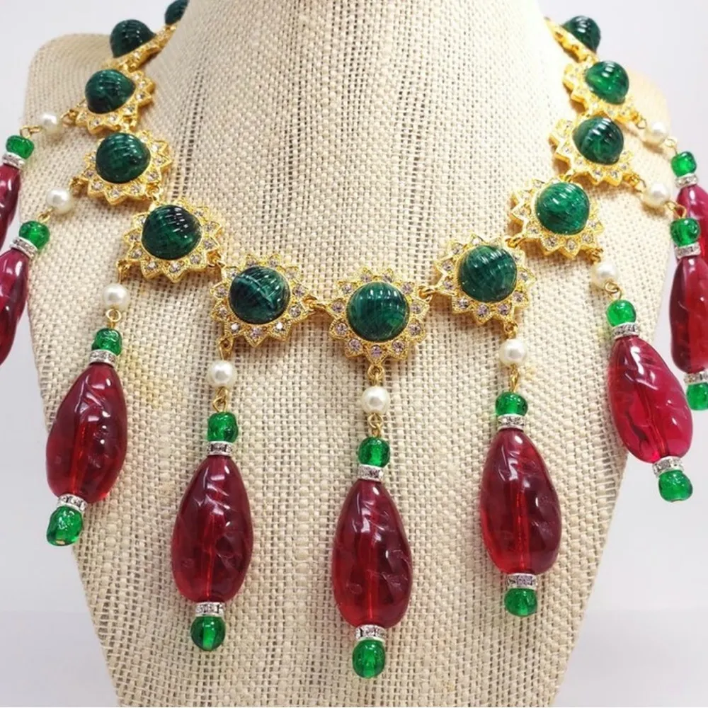 KJL Kenneth Jay Lane Red and Green Drop Accents Necklace w Faux Pearls, Crystals - Image 3