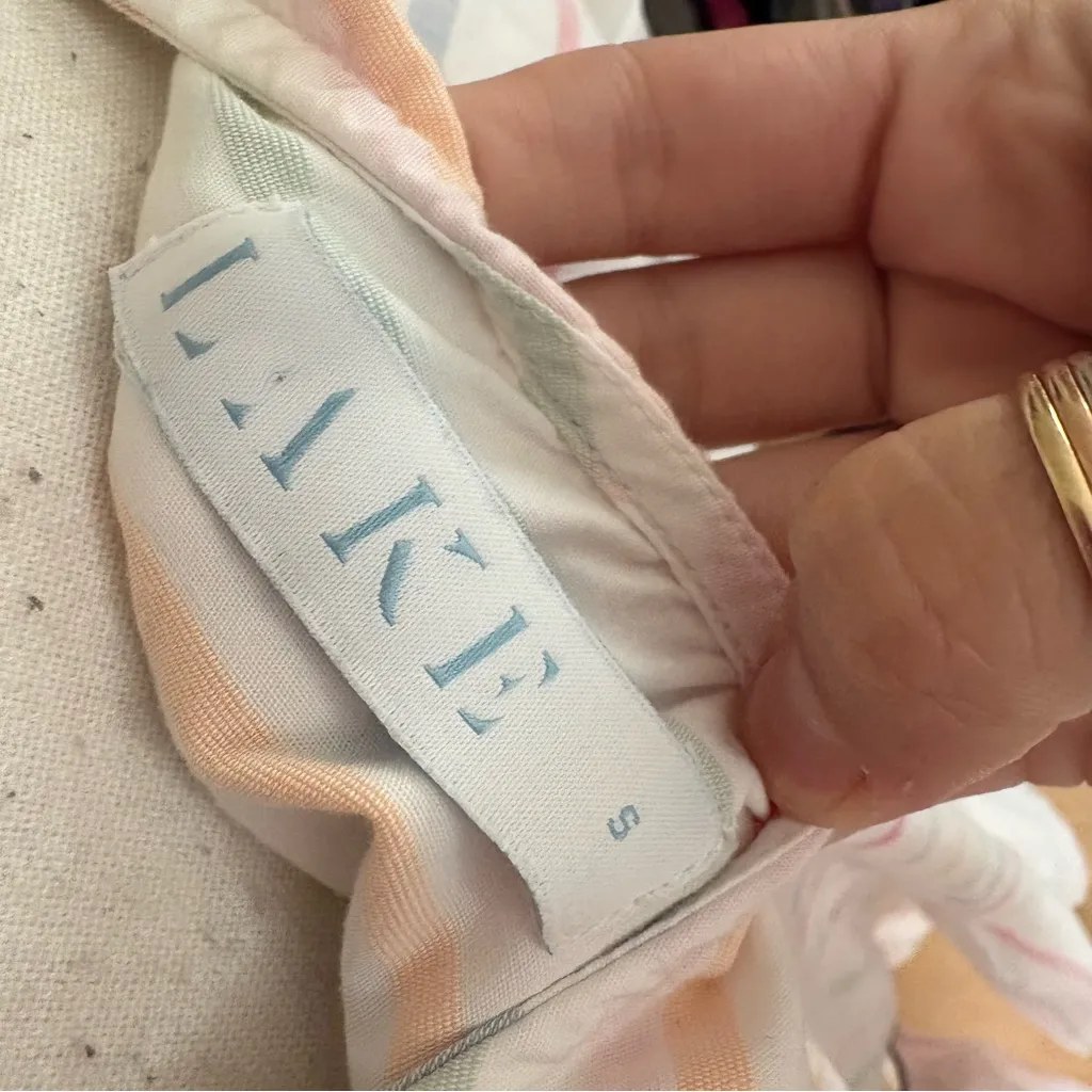 LAKE Parasol Pleated‎ Dress White Pastel Stripe Short Sleeve Cotton Size Small - Image 6