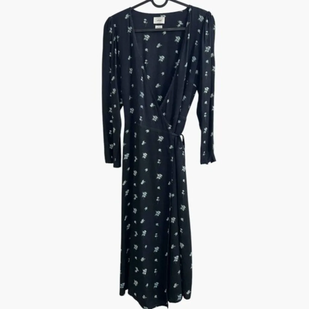 Aritzia WILFRED Once Midi Black Floral Flowy Wrap Long sleeve V-neck Dress Small - Image 6