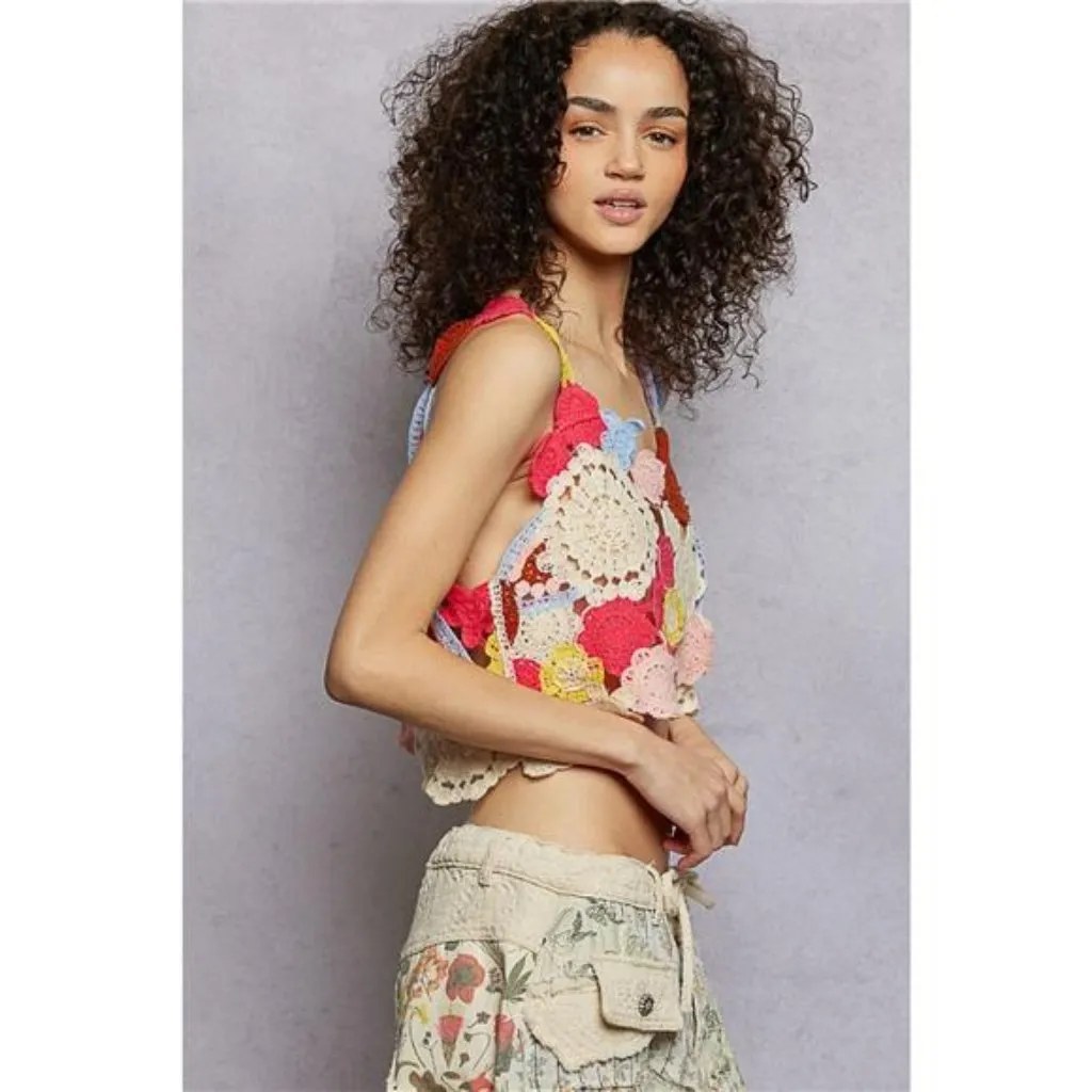 POL Openwork Floral Cropped Crochet Cami - Image 3