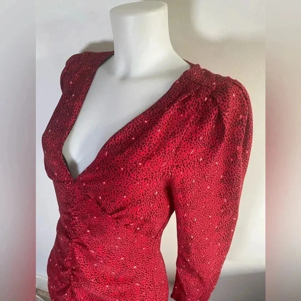 Zara Bodycon Red Black Animal Print Deep V Neck Long Sleeve Mini‎ Dress EUC 0087 - Image 3