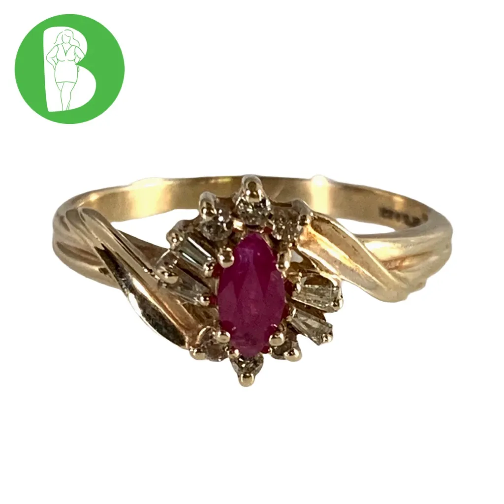 SOLID 10K YELLOW GOLD RING WITH GENUINE RUBY AND DIAMOND ACCENTS (7.75) Red - Image 2