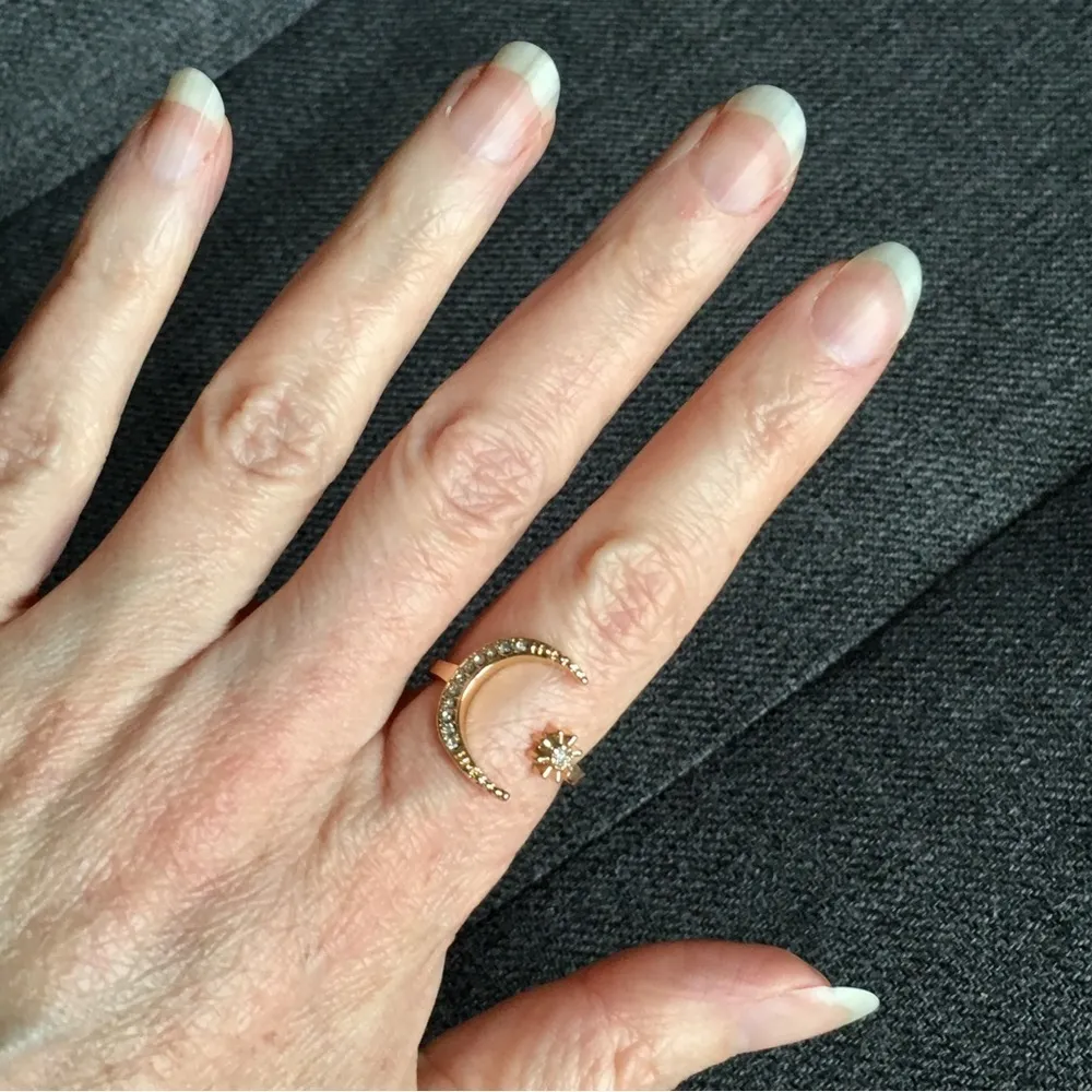 Gold + Rhinestone Moon + Star Cuff Fashion Ring, Size 8 - Image 7