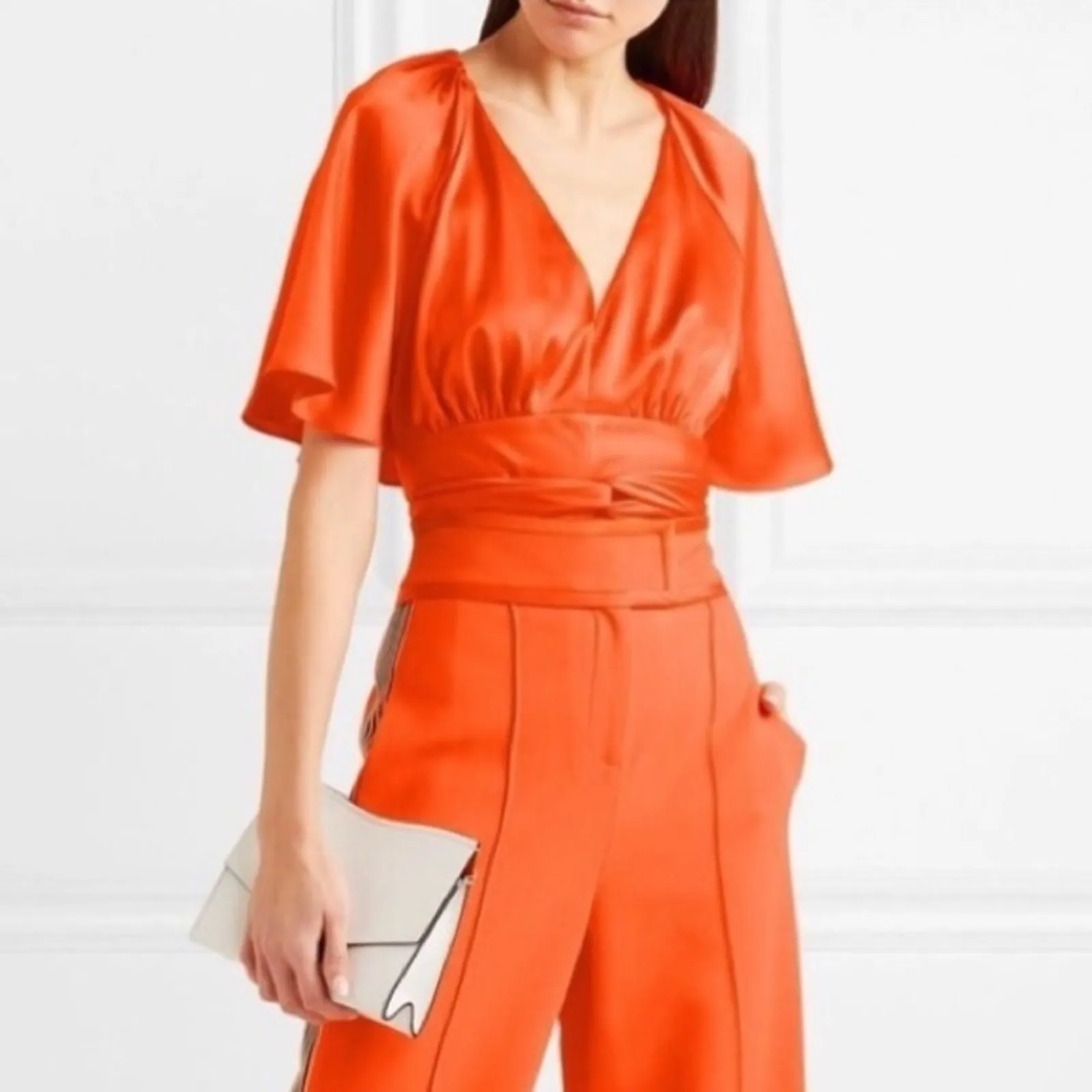 Diane Von Furstenburg orange satin plunge wrap crop blouse ASO Camilla Cabello - Image 8